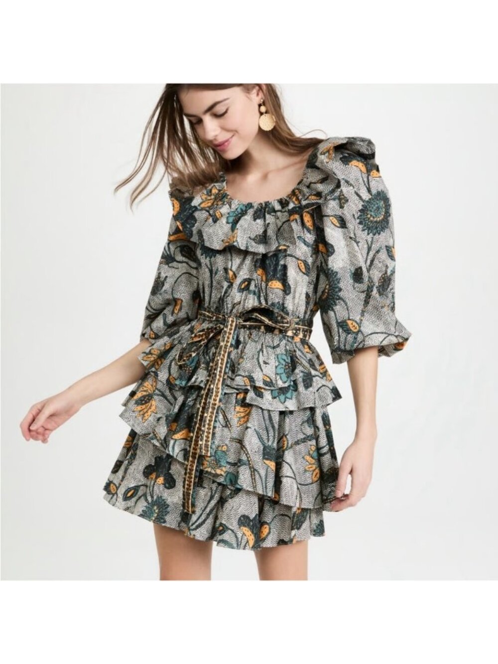Ulla Johnson Giselle Yellow Portofino Floral Ruffle 3/4 Sleeve Mini Dress, Sz 6